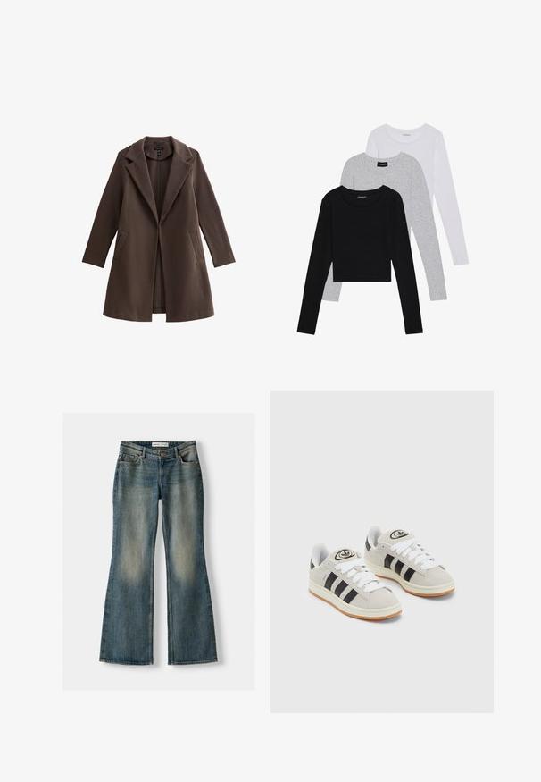 Bruine wolmix jas met een geknipt kraag, open voorkant, lange mouwen en zijzakken. Gladde textuur en knielange uitvoering.; Drie langmouwige tops gestapeld: zwart, grijs en wit. Elke top heeft een ronde halslijn en een cropped ontwerp van soepel, lichtgewicht materiaal.; Blauwe uitlopende spijkerbroek met een vervaagde wassing, vijf zakken en een knoopsluiting. Het materiaal heeft een denim textuur met subtiele stikseldetails.; Grijze nubucklederen sneakers met witte veters, zwarte strepen en een witte rubberen zool. Bevat een rond logo op de tong en een gumzool.