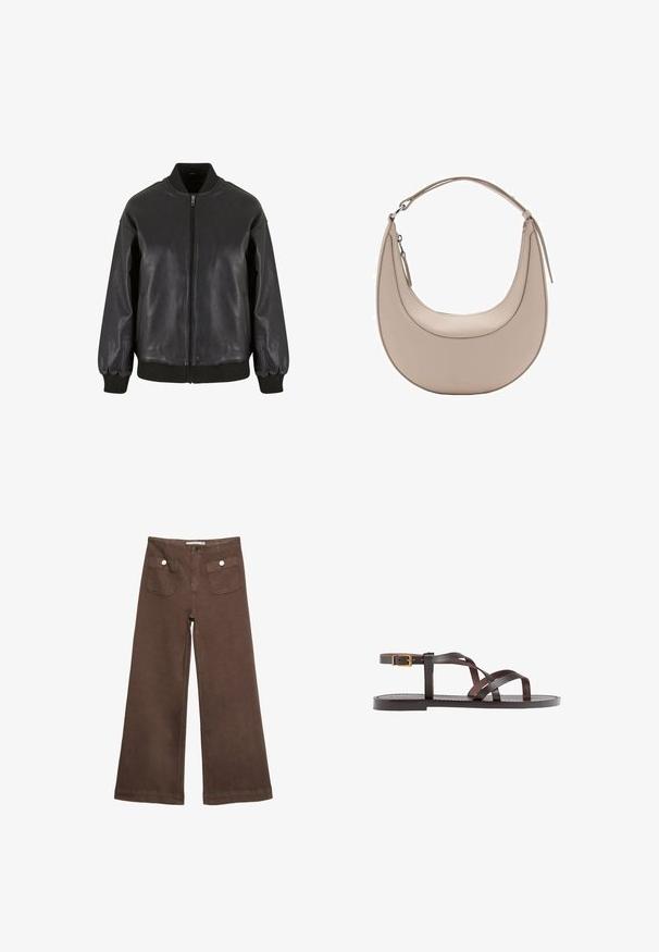 Musta nahkainen pommittaja takki, jossa on etuvetoketju, ribattu hihansuut ja kaulus, sileä pinta ja rento istuvuus.; Kermanvärinen, lyhythihainen t-paita, joka on valmistettu pehmeästä kankaasta. Ominaisuuksiin kuuluu klassinen pyöreä kaula-aukko ja rento istuvuus, ilman huomattavia kuvioita tai yksityiskohtia.; Ruske leve bukser i bomuld med to forlommer med sølvknapper og en glat overflade.; Ruske kožne sandale s križnim trakama, zatvaranjem na kopču oko gležnja i ravnim potplatom s minimalnim detaljima šivanja.; Vaaleanbeige nahkainen olkalaukku, jossa on kuu-ukko muoto, sileä pinta ja yksi kaareva kahva. Varusteena vetoketjukiinnitys ja siisti ompelu.