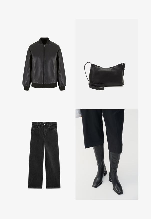 Svart läder bombarjacka med frontdragkedja, ribbade muddar och krage, med en mjuk textur och en avslappnad passform.; Svart kortärmad V-ringad T-shirt med en enkel, figurnära design på en vit bakgrund.; Bredbenta svarta denimjeans med ett subtilt vertikalt randmönster, med femfickorsdesign och en klassisk knäppning i midjan.; Svarta läderknähöga stövlar med fyrkantig tå och blockklack. Har en siddragkedja och slät textur.; Svart läder axelväska med en slät yta, rundad form, justerbar rem och dragkedjestängning. Minimalistisk design utan utsmyckningar.