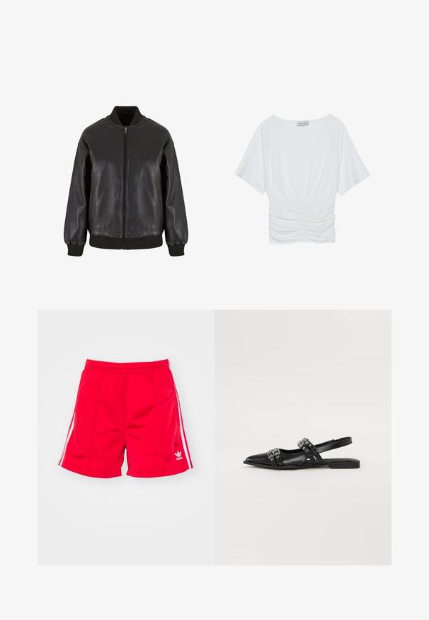 Zwarte leren bomberjack met een frontale rits, ribgebreide manchetten en kraag, met een gladde textuur en een ontspannen pasvorm.; Witte top met korte mouwen in een relaxed fit, met een geraffineerd ruches ontwerp bij de taille en een gladde stoftextuur. Label: Anna Field.; Rode sportieve shorts met een elastische tailleband, voorzien van witte zijstreepjes en een geborduurd logo aan de onderste linkerkant. Glad textuur.; Even&Odd Slingback ballerina´s - black