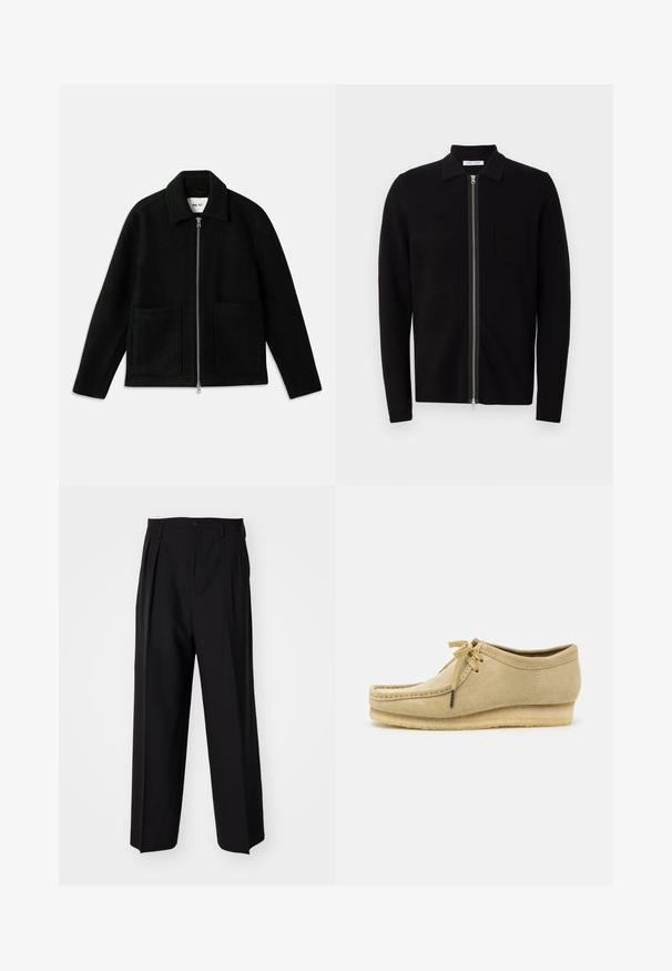 Čierna vlnená bunda s predným zipsom, rozšíreným golierom a dvoma veľkými vreckami. Hladká textura so štruktúrovaným dizajnom.; Čierny sveter na zips s golierom a vreckom na hrudi. Vyrobený z mäkkej, textúrovanej tkaniny. Obsahuje zips po celej dĺžke a dlhé rukávy.; Biela kratkosrstá bavlnená tričko s okrúhlym výstrihom. Jednoduchý dizajn bez vzorov alebo akcentov. Hladká textúra.; Čierne skladané nohavice s rovnom, širokým strihom. Vyrobené z hladkého materiálu, s gombíkovým zapínaním a pútkami na opasok.; Bežové semišové topánky s dizajnom na šnurovanie, prešívaním a gumovou podrážkou. Tvar je neformálny s mierne vyvýšeným opätkom.