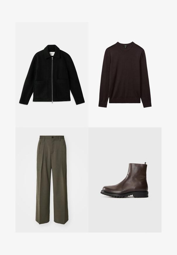 Musta villatakki, jossa on vetoketjukiinnitys, laajan kauluksen ja kaksi suurta läppätaskua. Sileä rakenne ja jämäkkä muotoilu.; Reiss Neule - dark bordeaux; Filippa K WIDE TROUSERS - Housut - driftwood; Ruskea nahkainen nilkkasaapas, jossa on sileä pinta, joustavat sivupaneelit, vetotuli takana ja kestävä kumipohja.