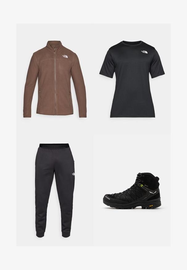 The North Face - Kurtka z polaru; Czarna koszulka z krótkim rękawem wykonana z lekkiego, odprowadzającego wilgoć materiału. Posiada białe logo na lewej stronie klatki piersiowej oraz okrągły dekolt.; Czarne dresy wykonane z gładkiego materiału, charakteryzujące się zwężanym krojem, elastycznym pasem i detalem logo na prawej nodze.; Czarne buty trekkingowe z teksturowaną cholewką, wzmocnionym noskiem i podeszwą Vibram. System sznurowania zawiera haki dla zapewnienia pewnego dopasowania.