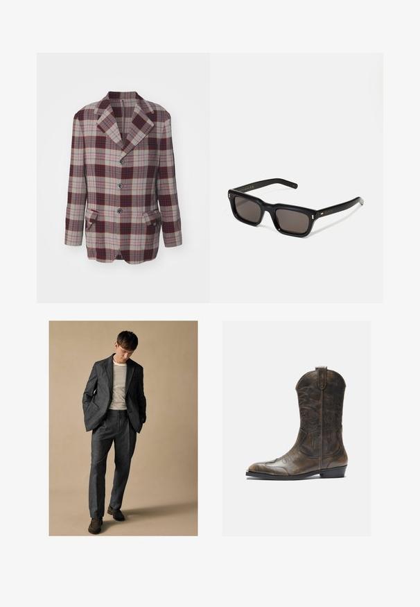 Kostkovaný blazer v šedé, červené a námořnické barvě s výstřihem do véčka, předním zapínáním na tři knoflíky a dvěma bočními kapsami. Vyroben z texturované látky.; Pánská košile s dlouhým rukávem, šedá, s náprsní kapsou a límcem na knoflíky, položená na bílem pozadí.; Šedý oblek na míru s klopami a předními kapsami, spárovaný se pruhovanou košilí. Kalhoty mají uvolněný střih a záhyb. Hnědé boty.; Hnědé kožené kovbojské boty s vysokým sálem, špičatou špičkou, složitými vyšívanými vzory a malým podpatkem. Texturovaný povrch po celé délce.; Černé obdélníkové sluneční brýle s tmavými skly, silným plastovým rámem, zlatými akcenty na spáncích a vyrytým logem značky na nožičce.