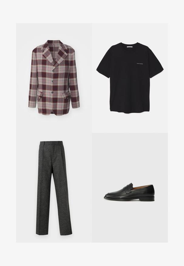 Pilkas, raudonas ir tamsiai mėlynas klasikinis švarkas su notch apykakle, trimis mygtukais priekyje ir dviem šoninėmis kišenėmis. Pagamintas iš tekstūruoto audinio.; Juoda medvilninė marškinėlė su apykakle, trumpomis rankovėmis ir baltu logotipu kairėje krūtinės pusėje. Paprastas, vientisas spalvų dizainas.; Pilki pritaikyti kelnių modeliai, pagaminti iš tekstūruotos medžiagos, su dviem priekiniais klostėmis ir tiesiogine kojų forma. Nėra matomų kišenių ar puošybų.; Juodas odinis loaferis su apvaliu nosiu, subtiliomis siuvimo detalėmis ir žemu kulnu, pasižymintis lygia tekstūra ir minimalistiniu dizainu.