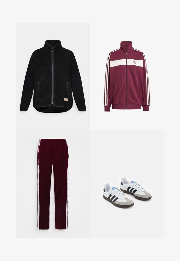 Musta fleece-takki, jossa on täysivartinen vetoketju, kaksi sivutaskua, korkea kaulus ja pieni logo vasemmalla alhaalla. Pehmeä pinta, normaali istuvuus.; Viininpunainen vetoketjullinen takki, jossa on valkoinen vaakasuora raita ja kolme valkoista sivuraitaa. Varustettu korkealla kauluksella ja kahdella vetoketjullisella sivutaskulla.; Valkoinen tiukkasti istuva T-paita, joka on valmistettu puuvillasta. Paitassa on pyöreä pääntie ja lyhyet hihat, sekä vaaleansininen brodeerattu logo edessä.; Bordeaux urheiluhaalarit, joissa on naru vyötäröllä, valkoiset sivuviivat ja kapea malli. Valmistettu sileästä, kevyestä kankaasta.; Urheilukengät, joissa on valkoinen nahkainen päällinen, harmaa mokkanokka ja kolme mustaa raitaa. Ominaisuuksina sininen logo kielekkeessä ja kuvioitu kumipohja.