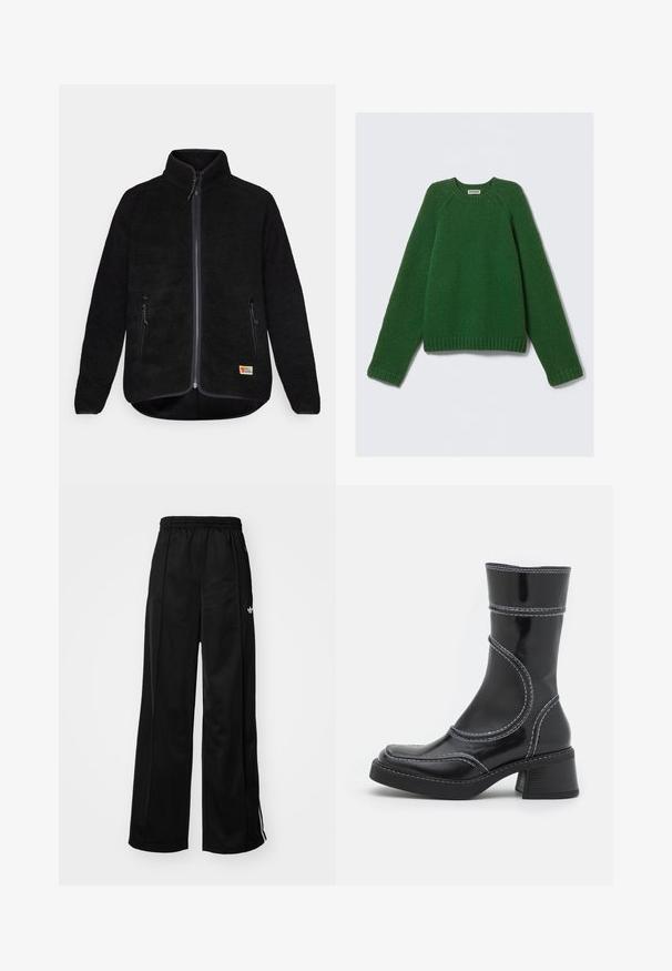 Czarna polarowa kurtka z pełnym zamkiem, dwoma kieszeniami po bokach, wysokim kołnierzem i małym logo po lewej stronie na dole. Miękka tekstura, regularny krój.; Sweter z długim rękawem w kolorze ciemnozielonym, o teksturowanym splocie, z prążkowanymi mankietami, dołem i dekoltem, ułożony na płasko na białym tle.; Czarne szerokie spodnie dresowe z elastycznym pasem, z białymi paskami po bokach i małym logo na lewym biodrze. Gładka tekstura materiału.; Czarne lakierowane botki za kostkę z białym przeszyciem, okrągłym noskiem i słupkowym obcasem. Posiadają zakrzywione linie designu oraz gładką teksturę.