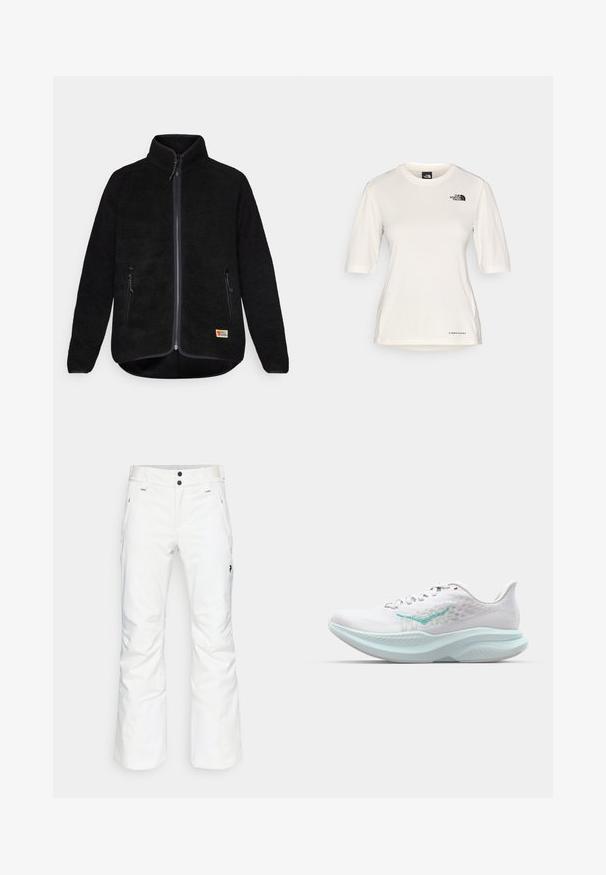 Črna flis jakna z zadrgo po celotni dolžini, dvema stranskima žepoma, visokim ovratnikom in majhnim logotipom na spodnjem levem delu. Mehka tekstura, redna fit.; The North Face SHADOW SHORT SLEEVE - Športne majice - white dune; Bele hlače za sneg z ravnim krojem, dvema sprednjima žepoma in dvema črnima dugama. Teksturovan material s črnim blagovnim znakom.; Bela tekaška obuvala z teksturiranim zgornjim delom, svetlo modrim srednjim delom in ojačanim petnim delom. Ima vezalke in izrazito logo.