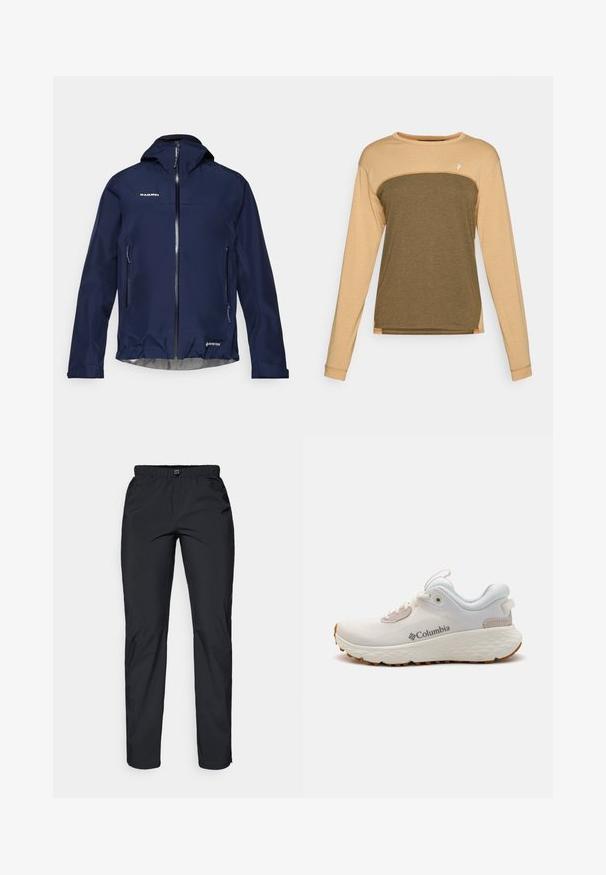 Granatowa, wodoodporna kurtka wykonana z materiału Gore-Tex, z kapturem, zamkiem błyskawicznym z przodu oraz bocznymi kieszeniami, z elastycznym dołem i mankietami.; Koszulka z długim rękawem z beżową górną częścią i ciemnooliwkową dolną częścią. Miękka, teksturowana tkanina z kontrastującymi szwami na ramionach.; Czarne, lekkie, wodoodporne spodnie z elastycznym pasem i dwiema bocznymi kieszeniami; gładka tekstura; prosty krój nogawek.; Lekkie sportowe buty Columbia w białej siateczce z teksturowaną szaro-skalną podeszwą i gumowym bieżnikiem. Posiadają wyściełany kołnierz oraz klasyczny sznurowany design.