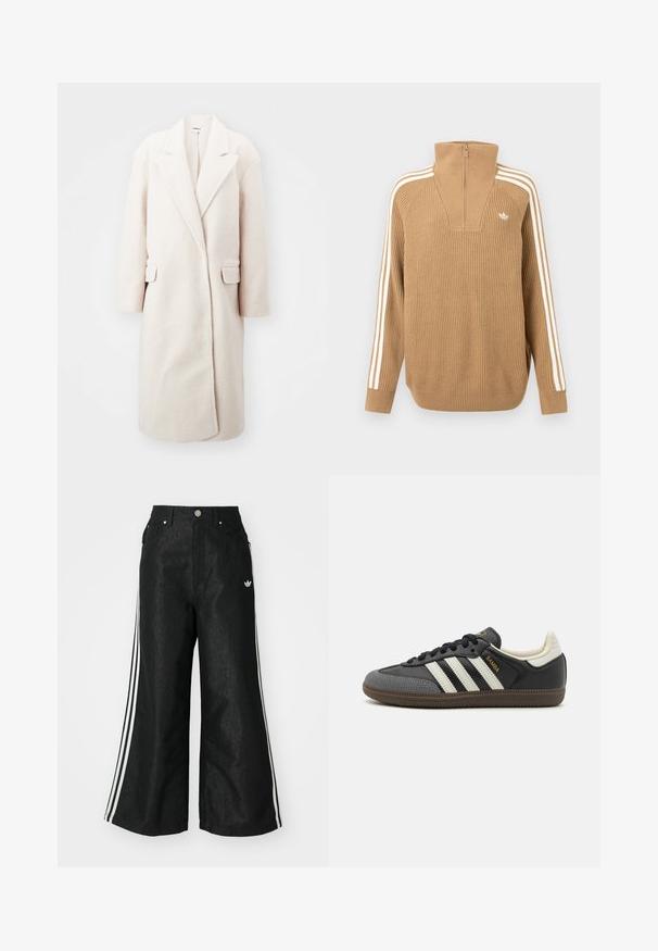 Heledbež värviga ülihite mantel, valmistatud tekstureeritud kangast, millel on soonikuga krae, kaks ristkülikukujulist taskut ja sirge siluett.; Pruun ribadega sviiter kõrge kraega ja poole tõmblukuga, millel on kolm valget triipu varrukatel ja väike logo rinnal.; Mustad mustadeline denimipüksid, millel on kummalgi küljel kolm valget triipu ja väike valge logo. Omab esikotte ja nööbiga kinnihoidmist.; Mustre ja mustad tossud kolme valge triibuga, tekstureeritud varvakarbi osa, nahk ja sünteetilised materjalid, kuldne "Samba" bränding külgedel.