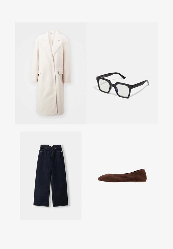 Svetlo béžový oversize kabát z textúrovanej látky, s klopami, dvoma obdĺžnikovými vreckami a rovnou siluetou.; Hnedý, skrátený, rebrovaný rolák s dlhými rukávmi a textúrovaným pletením. Má široké manžety a priliehavý golier.; Tmavomodré denimové nohavice s širokými nohavicami a vysokým pásom, s piatimi vreckami, kontrastným prešívaním a striebornými kovovými doplnkami. Hladká textúra a čisté prevedenie.; Hnedé semišové baletky s špicatou špičkou, plochou podrážkou a hladkým povrchom. Elegantný dizajn bez viditeľných kovových prvkov alebo akcentov.; Čierne slnečné okuliare s matným povrchom, so priehľadnými šošovkami a jemným modrým odtieňom na jednej strane. Robustný, uhlový dizajn.; MISAKO RITTE - Kabelka - green