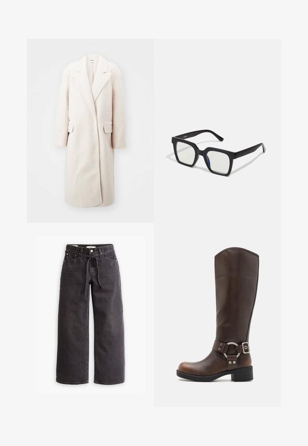 Manteau oversized beige clair en tissu texturé, présentant des revers en notch, deux poches rectangulaires et une silhouette droite.; Pull en brown, cropped, à col roulé en maille côtelée avec manches longues et un design en tricot texturé. Il possède des poignets larges et un col ajusté.; Jeans larges noirs en jean, dotés d'une taille à cordon de serrage, de cinq poches et de détails de couture contrastés. Design à l'avant plat.; Botte en cuir marron hauteur genou avec un accent en métal rond et une boucle. Tige légèrement texturée, talon empilé et design à bout rond.; Lunettes de soleil noires en forme carrée avec une finition mate, dotées de verres transparents et d'une légère teinte bleue sur un côté. Design robuste et angulaire.; MISAKO RITTE - Sac à main - green