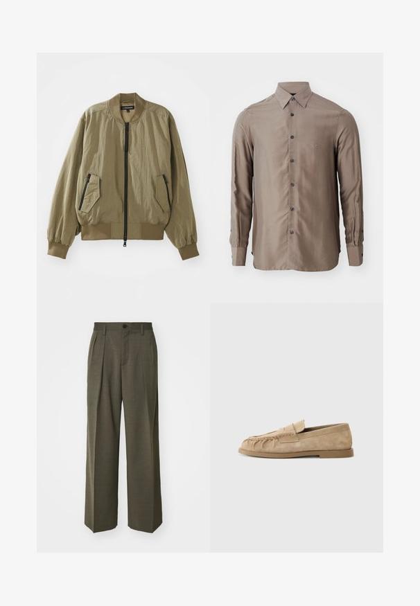 Olive zelená bomber bunda vyrobená z ľahkej tkaniny so zipsom vpredu, rebrovanými manžetami a dvoma šikmými zipsovými vreckami na prednej strane.; Košeľa s dlhým rukávom v taupe farbe, vyrobená z hladkej tkaniny, s gombíkovým zapínaním vpredu a tmavými gombíkmi, s malým logom na hrudi.; Filippa K WIDE TROUSERS - Nohavice - driftwood; Bežové semišové slip-on mokasíny so zhrnutým dizajnom, s plochou podrážkou a dekoračným pásikom cez priehlavok. Hladký povrch.