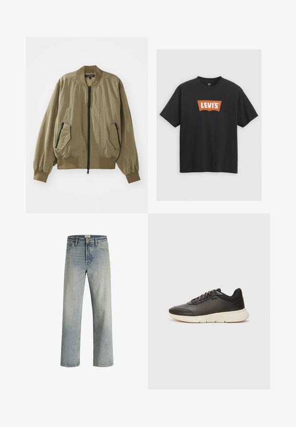Alyvuogių žalios spalvos bomber tipo striukė, pagaminta iš lengvo audinio, su užtrauktuku priekyje, raišteliais rankogaliuose ir dviem kampinėmis kišenėmis su užtrauktuku priekyje.; Juodas medvilninis marškinėlis, turintis didelį oranžinį Levi's logotipą priekyje, trumpomis rankovėmis ir apvaliu kaklu.; Šviesiai mėlyno džinsinio audinio kelnės su tiesia kojom, aukštu liemeniu ir nežymiu išblukimu. Turi penkis kišenes ir tradicinį mygtukų užtraukimą.; Tamsiai rudos sportinės bateliai su tekstūriniu odiniu paviršiumi, perforuotais elementais ir lengvu kreminiu padu. Yra raišteliai ir subtilus prekės ženklas.