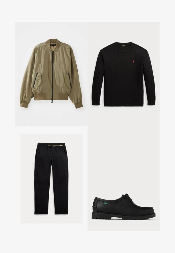 Olive rohelise värvi bomber-jakk, mis on valmistatud kergest kangast, millel on lukuga esiosa, ribatud mansetid ja kaks nurga all lukuga taskut ees.; Must t-särk, millel on pikad varrukad ja mis on valmistatud puuvillast. Omab ümarat kaelaäärt, soonikku üles keeratud varrukaotsi ja väikest punast tikandiga logo rinnal. Sile tekstuur.; Kergedest kootud mustad püksid, millel on elastne vöökoht, integreeritud roheline vöö, sirge jalgade lõige ja küljetaskud.; Must musta mustelajaga musta nahast king madalal profiilil, ümar varvas ja tekstuuriga põhi. Omab roheline "POLO" silt ja kontrastne tikand ääres.