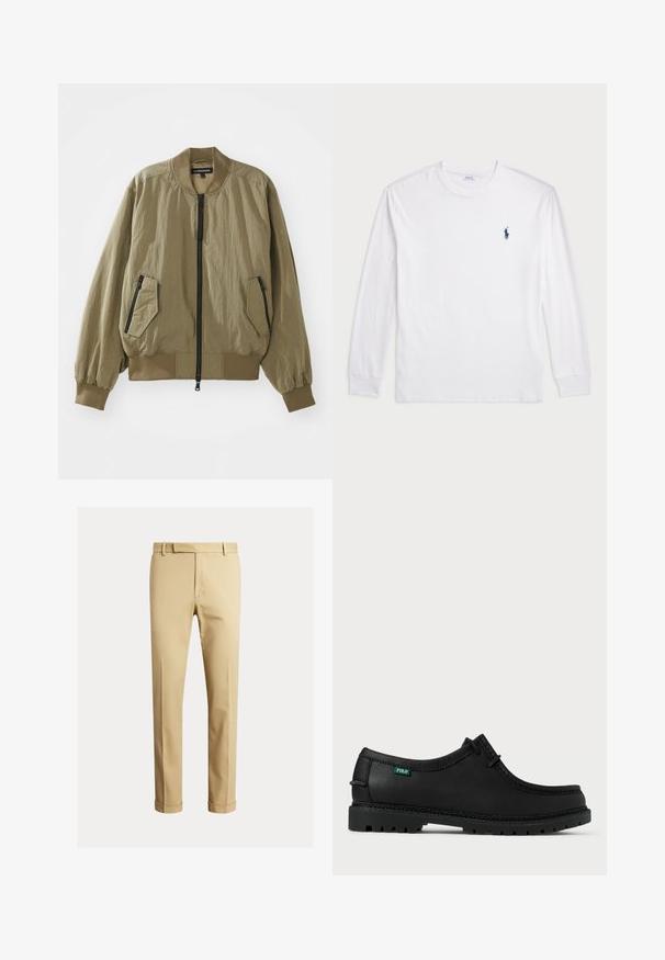 Zielona oliwkowa kurtka bomberka wykonana z lekkiego materiału, z zapięciem na zamek z przodu, ribbanym mankietem oraz dwoma skośnymi kieszeniami na zamek z przodu.; Biały t-shirt z długim rękawem wykonany z bawełny. Posiada okrągły dekolt, ściągacze przy mankietach oraz małe granatowe logo polo na lewej piersi.; Khaki chinos wykonane z gładkiej bawełnianej tkaniny, charakteryzujące się dopasowanym krojem, fałdami z przodu oraz mankietami przy kostkach dla zwężonego wyglądu.; Czarny skórzany but o niskim profilu, okrągłym nosku i teksturowanej podeszwie. Posiada zieloną metkę "POLO" oraz kontrastowe szwy wzdłuż krawędzi.