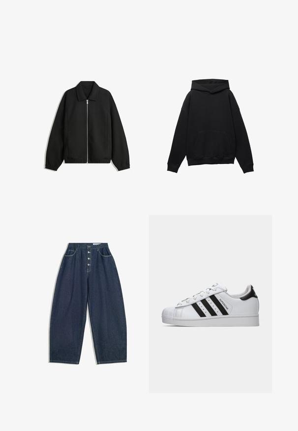 Černá bunda vyrobená z texturované látky, s plným předním zipem, límcem a elastickými manžetami, s volným střihem a bočními kapsami.; Černá mikina s kapucí vyrobená z měkkého materiálu, s přední kapsou, oversized silueta a stahovací kapucí. Má ribbované manžety a lem.; Tmavě modré denimové kalhoty s širokými nohavicemi, vysokým pasem, zapínáním na pět knoflíků a pěti kapsami. Obsahují švy s vypracovanými detaily.; Bílé tenisky Adidas Superstar s černými pruhy, špičkou ve tvaru skořápky a textem "Superstar" na boku, zobrazené v levém profilu na bílém pozadí.