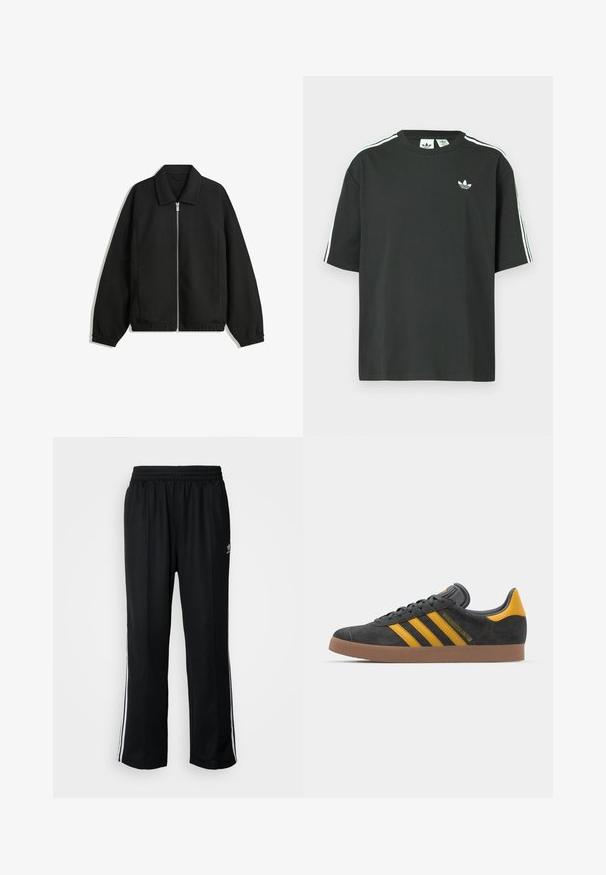 Černá bunda vyrobená z texturované látky, s plným předním zipem, límcem a elastickými manžetami, s volným střihem a bočními kapsami.; Černé bavlněné tričko s krátkými rukávy, kulatým výstřihem a bílými třemi pruhy na ramenou. Na hrudi je malá bílá logo.; Černé sportovní kalhoty s elastickým pasem, s bílými bočními pruhy a malým logem. Materiál vypadá měkce a lehce.; Černé semišové tenisky se žlutými akcenty, vybavené třemi pruhy a hnědou gumovou podrážkou. Obsahují polstrovaný jazyk pro pohodlí.