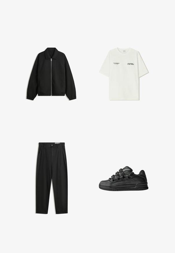 Črna jakna iz teksturirane tkanine, z dvostranskim zadrgo spredaj, ovratnikom in elastičnimi manšeti, sproščenega kroja in stranskimi žepi.; Bela bombažna majica s kratkimi rokavi. Na sprednji strani je črn napis: "NE JUTRI NE DANES" in "UMETNOST SVETOVANJA" v zeleni pisavi.; Črne bombažne hlače s sproščenim krojem, ki vključujejo klasičen pas, sprednje gube in stranske žepke. Gladka tekstura brez vzorcev.; Črne superge z gladkim usnjenim zgornjim delom, teksturiranimi detajli in okroglimi črnimi ter belimi vezalkami. Debel gumijast podplat z vzorčastim profilom.