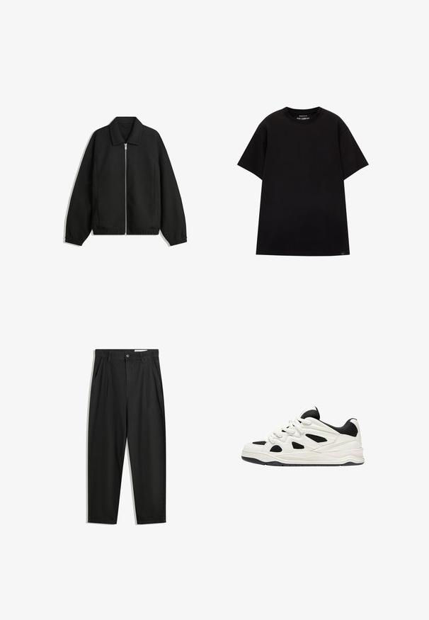 Čierna bunda vyrobená z textúrovaného materiálu, s plným predným zipsom, golierom a elastickými manžetami, so voľnejším strihom a bočnými vreckami.; PULL&BEAR JOIN LIFE - Základné tričko - black; Čierne bavlnené nohavice s voľným strihom, s klasickým pásom, prednými záhybmi a bočnými vreckami. Hladká textúra bez vzorov.; Biele a čierne športové topánky s textúrovanou podrážkou, s vyrezávanými dizajnmi na stranách a šnúrkami, a s polstrovaným zadným dielom pre podporu.