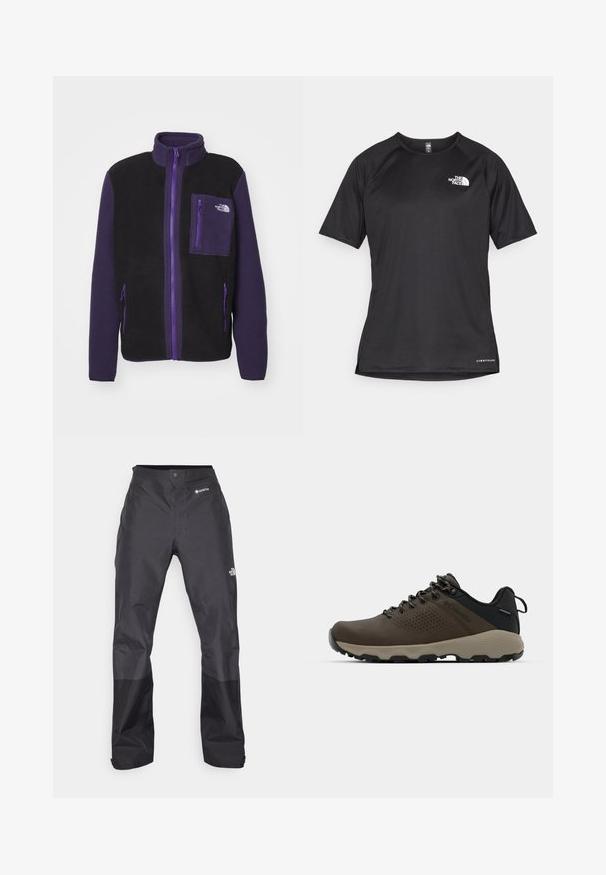 The North Face M YUMIORI FULL ZIP - Jakna od flisa - black/eternal purple; Crna kratkotrajna atletska majica s teksturiranom tkaninom, koja ima bijeli logo na lijevom prsnom dijelu i ravni rub.; Crne vodootporne hlače s glatkom teksturom, s GORE-TEX logotipom sprijeda i ojačanim donjim dijelovima nogavica za izdržljivost.; Smeđe vodootporne tenisice s teksturiranom gornjom i perforiranim detaljima, crnom potporom za petu i sivim gumiranim potplatom. Čipke su stilizirane s metalnim krajevima.