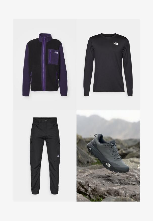 The North Face M YUMIORI FULL ZIP - Flísová bunda - black/eternal purple; Čierne tričko s dlhým rukávom vyrobené z ľahkej tkaniny, s bielym logom na hornej ľavej strane hrude. Hladká textúra.; The North Face HORIZON PANT - Outdoorové nohavice - black; Šedá trailová bežecká obuv s textúrovaným zvrškom, odolnou gumovou podrážkou a vystuženou špičkou. Obsahuje šnúrky a logo značky na boku.