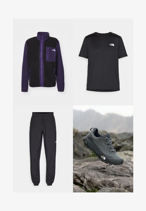 The North Face M YUMIORI FULL ZIP - Jakna iz flisa - black/eternal purple; Črna kratkosleevena majica iz lahkotnega materiala. Ima majhen bel logo na levem prsnem delu in diskretne poudarke na ramenskem predelu.; Črne atletske hlače iz lahkega materiala, ki imajo elastični pas z vezalko, stranske žepe in zožene manšete na gležnjih.; Sive teka za trail tek, z teksturirano zgornjimi deli, trpežnim gumijastim podplatom in ojačanim kapico za prste. Ima vezi in logotip blagovne znamke na strani.