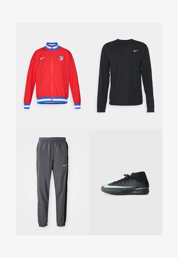 Crvena atletska jakna s patentnim zatvaračem, plavi i bijeli prugasti rupci i donji rub, s Nike logom i grbom kluba na lijevoj strani prsa.; Crna majica dugih rukava izrađena od glatkog materijala, s okruglim izrezom i malim bijelim Nike logotipom na gornjem lijevom dijelu prsiju.; Nike trenirke, napravljene od laganog materijala, u tamno sivoj boji s crnim bočnim panelima. Sadrže elastičnu traku u struku i reflektirajući logo.; Crna atletska cipela s visokim dizajnom, s laganom plavom akcentnom prugom i teksturiranim potplatom za prianjanje. Vidljiv "AIR ZOOM" brend.