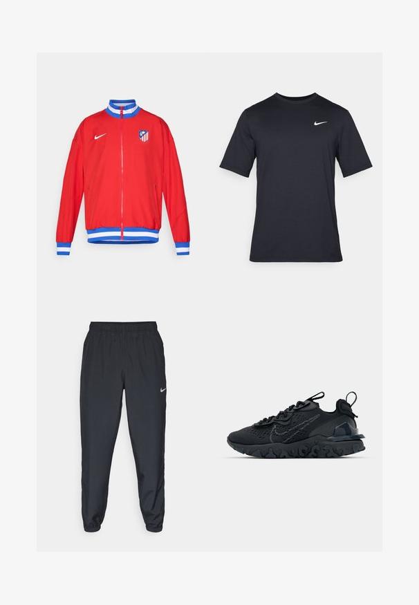 Jachetă sport roșie cu fermoar, cu manșete și tiv în dungi albastre și albe, având un logo Nike și emblema clubului pe pieptul stâng.; Tricou Nike negru cu mânecă scurtă, confecționat dintr-un material neted, având un logo alb în formă de swoosh pe partea stângă sus, cu guler rotund.; Pantaloni sport negri dintr-un material ușor, cu un band elastic la talie, mansete la glezne și un logo Nike discret pe partea stângă.; Pantofii sport negri au un superior din plasă respirabilă, accente texturate și o talpă din cauciuc ondulată. Prezintă un logo reflectorizant și un sistem de șirete.