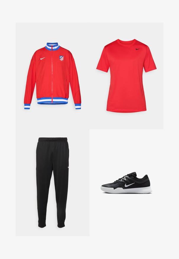 Červená športová bunda s upínaním na zips, modré a biele pruhované manžety a lem, so zobrazeným logom Nike a emblémom klubu na ľavej hrudi.; Červené športové tričko s krátkym rukávom a okrúhlym výstrihom, na hornej ľavej strane hrude s malým čiernym logom Nike swoosh.; Čierne športové nohavice z hladkej tkaniny, s elastickým pásom, zužujúcimi sa nohavicami a malým bielym logom na ľavej strane.; Čierna športová topánka s textúrovaným zvrškom, bielym logom Nike a bielou gumovou podrážkou. Má šnurovací dizajn a dynamický tvar.