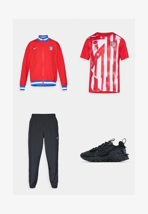 Casaco atlético vermelho com fecho de correr, punhos e bainha listrados em azul e branco, apresentando o logótipo da Nike e o emblema do clube no peito esquerdo.; Camisola atlética vermelha com riscas brancas verticais, padrões desgastados e um logótipo do clube no peito. Feita de tecido respirável.; Calças de treino pretas feitas de um tecido leve, com um cós elástico, punhos nos tornozelos e um discreto logótipo da Nike no lado esquerdo.; Sapatilha atlética preta com parte superior de malha respirável, detalhes texturizados e sola de borracha ondulada. Apresenta um logotipo reflexivo e um sistema de atilho.