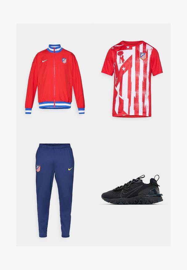 Punane sportlik jakk, millel on lukuga sulgemine, sinise ja valge triibuga varrukad ja ääred, esiküljel vasakul rindkeres Nike logo ja klubi embleem.; Punane sportlik särk, millel on vertikaalsed valged triibud, kulunud mustrid ja klubi logo rinnal. Valmistatud hingavast kangast.; Merineeritud sportlikud püksid, mis on valmistatud kergest kangast, koos kollase Nike logo ja punase ja valge triibuga klubiembleemiga. Kokkupandav elastne vöökoht.; Must mustreesne tossudega, millel on hingav võrkmaterjalist pealis, tekstureeritud detailid ja laineline kummist tallaosa. Omab peegelduvat logo ja sidumise süsteemi.