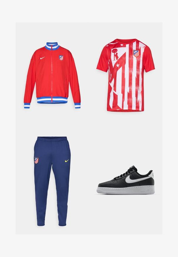 Crvena atletska jakna s patentnim zatvaračem, plavi i bijeli prugasti rupci i donji rub, s Nike logom i grbom kluba na lijevoj strani prsa.; Crvena atletska majica s vertikalnim bijelim prugama, istrošenim uzorcima i klubskim logom na prsima. Izrađena od prozračnog materijala.; Mornarska sportska hlača napravljena od laganog materijala, s žutim Nike logotipom i klubskim emblemom s crvenim i bijelim prugama. Uključena elastična traka.; Crne kožne tenisice s teksturiranom površinom, bijeli Nike znak, sivi potplat, okrugli vrh i vezanje. Sadrže perforacije na području prstiju.