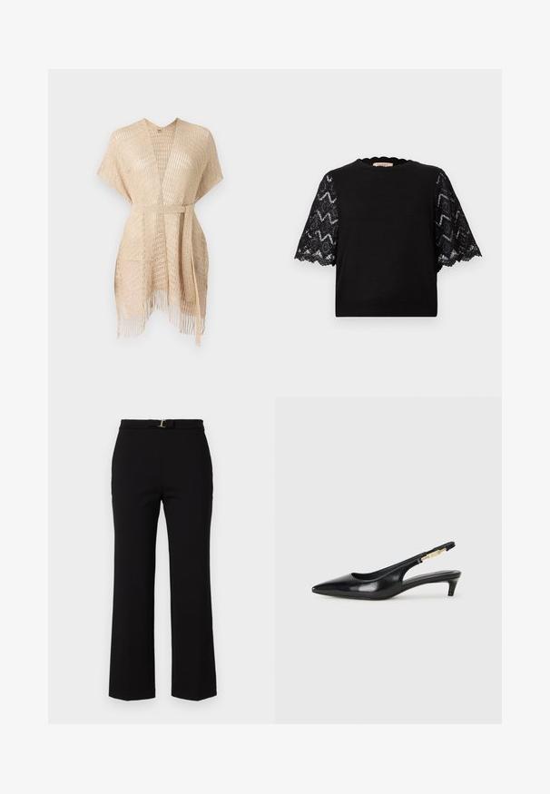 Kimono en beige clair tissé avec des manches courtes, une ceinture à nouer à la taille et des détails en franges au niveau de l'ourlet. Fabriqué en un matériau transparent et texturé.; Top noir à manches courtes avec des manches en dentelle à motifs géométriques, un col festonné et un ourlet côtelé. Texture de tissu lisse dans l'ensemble.; Pantalons noirs taille haute en tissu lisse, dotés d'une ceinture avec une boucle en or et d'un design à jambes évasées.; Talons hauts en cuir noir avec un bout pointu, dotés d'un talon fin et d'un accent en ton or sur la lanière réglable. Texture lisse.