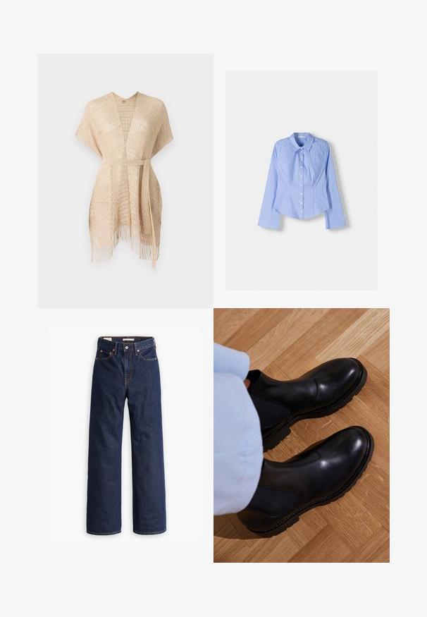 Kimono bej deschis, împletit, cu mâneci scurte, curea la talie și detalii cu franjuri la margine. Realizat dintr-un material transparent, texturat.; Cămașă cu dungi albastre și albe, cu mâneci lungi, guler deschis, croială ajustată și tiv curbat. Material din bumbac texturat.; Jeans din denim dreapta, de culoare albastru închis, cu cinci buzunare, cusături portocalii și închidere cu nasture.; Cizme negre până la gleznă, fabricate din piele netedă, cu panouri elastice pe laterale, o talpă din cauciuc texturat și cusături în contrast pe margine.