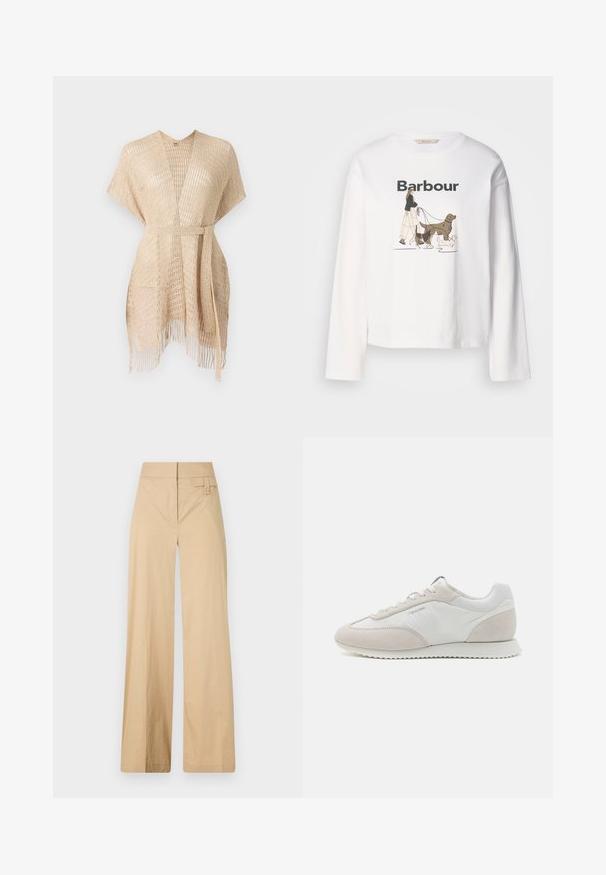 Light beige woven kimono with short sleeves, a tie belt at the waist, and fringe detailing at the hem. Made from a see-through, textured material.; White long-sleeve t-shirt featuring a graphic of a person walking three dogs, with "Barbour" printed above in black.; Beige wide-leg pants made of cotton blend fabric. Features a smooth texture, elastic waistband, and a side button detail.; Light-colored sneakers featuring a mix of white leather and beige suede, with a textured sole and minimal branding on the side.