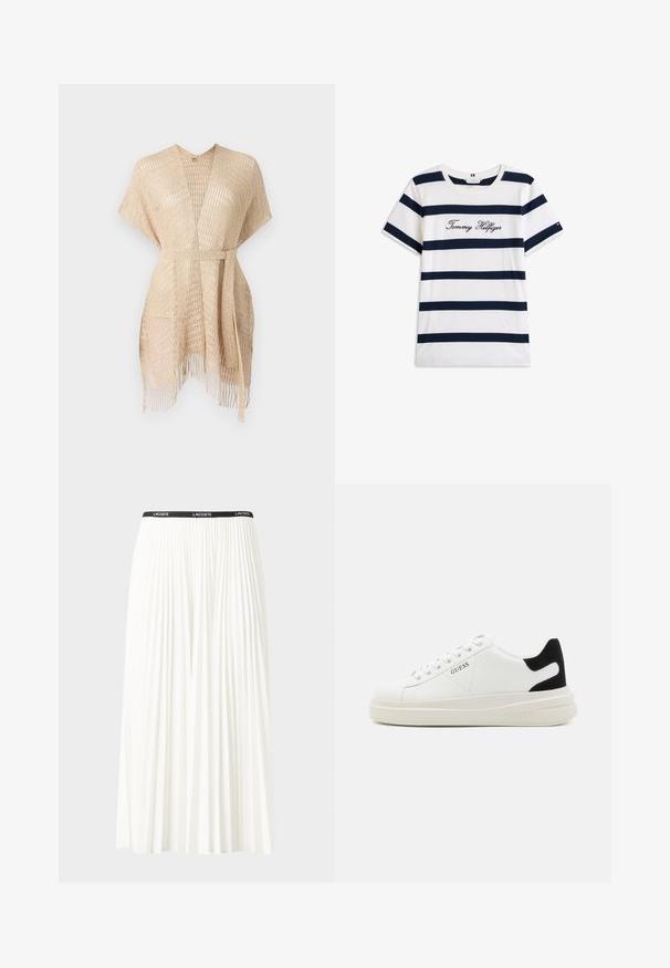 Kimono en beige clair tissé avec des manches courtes, une ceinture à nouer à la taille et des détails en franges au niveau de l'ourlet. Fabriqué en un matériau transparent et texturé.; T-shirt en coton avec des rayures horizontales bleu marine sur un fond blanc. "Tommy Hilfiger" brodé en écriture cursive sur la poitrine. Encolure ras du cou.; Jupe plissée blanche avec une taille élastique noire portant le logo "LACOSTE". Design mi-long avec une texture douce.; Baskets en cuir blanc avec une épaisse semelle blanche, un accent en daim noir au niveau du talon et un logo embossé sur le côté. Design à lacets avec six œillets.