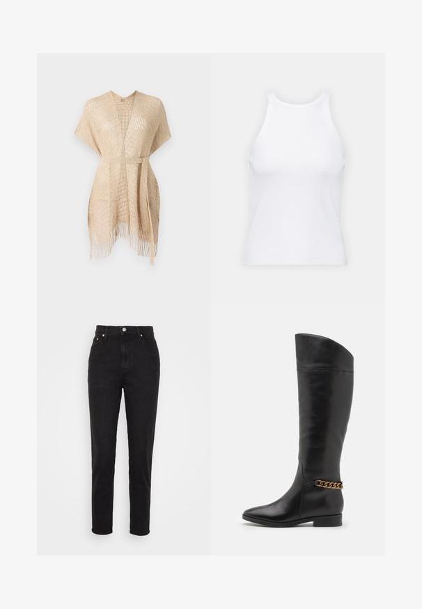 Light beige woven kimono with short sleeves, a tie belt at the waist, and fringe detailing at the hem. Made from a see-through, textured material.; White sleeveless tank top made of ribbed fabric, featuring a rounded neckline and a fitted silhouette, with minimal seams and no embellishments.; Black high-waist slim-fit jeans with front button, belt loops, and five-pocket design on white background.; Tall black leather boots with a sleek design, pointed toe, and a gold chain accent at the ankle. Low block heel. Smooth texture.