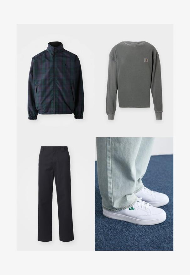Carhartt WIP REVERSIBLE PLANER JACKET - Ελαφρύ μπουφάν - force blue/black; Γκρι μακρυμάνικος φούτερ με λαιμόκοψη, με ριχτό υφασμάτινο σχέδιο, διαθέτει ένα μικρό τετράγωνο λογότυπο πάνω στο αριστερό στήθος και ριχτές μανσέτες.; Μαύρο παντελόνι με ίσια γραμμή, φτιαγμένο από ύφασμα βαμβακερού με μείγμα. Διαθέτει επίπεδη μέση με θηλιές ζώνης και χωρίς ορατές αξεσουάρ ή στολίδια.; Λευκά δερμάτινα sneakers με πράσινο λογότυπο Nike, στρογγυλή μύτη, επίπεδη σόλα, συνδυασμένα με ανοιχτό μπλε τζην παντελόνι, τοποθετημένα σε μπλε χαλί.