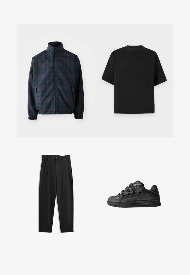 Carhartt WIP REVERSIBLE PLANER JACKET - Jas - force blue/black; Zwarte T-shirt met korte mouwen in een losse pasvorm, gemaakt van zachte katoen, met een ronde halslijn en een minimalistisch ontwerp.; Zwarte katoenen broeken met een losse pasvorm, voorzien van een klassieke tailleband, voorplooien en zijzakken. Gladde structuur zonder patronen.; Zwarte sneakers met een glad leren bovenwerk, gearceerde accenten en ronde zwart-witte veters. Dikke rubberen zool met een geprofileerd loopvlak.