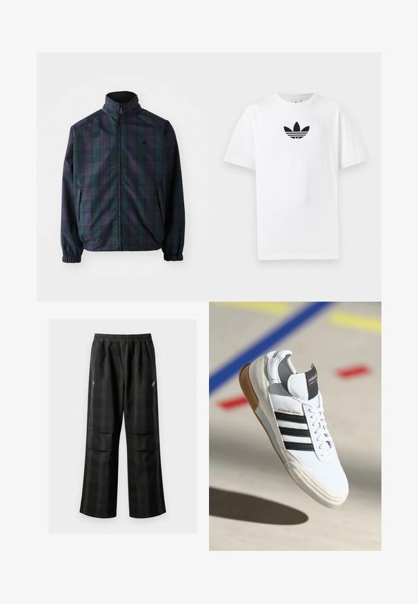 Carhartt WIP REVERSIBLE PLANER JACKET - Giacca da mezza stagione - force blue/black; T-shirt bianco in cotone con logo Adidas nero al centro. Maniche corte e design con girocollo. Texture liscia.; Pantaloni a quadri neri con vita elasticizzata, due tasche frontali e una vestibilità ampia con design a gamba dritta. Realizzati in materiale leggero.; Sneaker Adidas Mundial Goal bianca con strisce nere e suola in gomma, mostrata in volo sopra un pavimento di un campo sportivo con linee colorate.