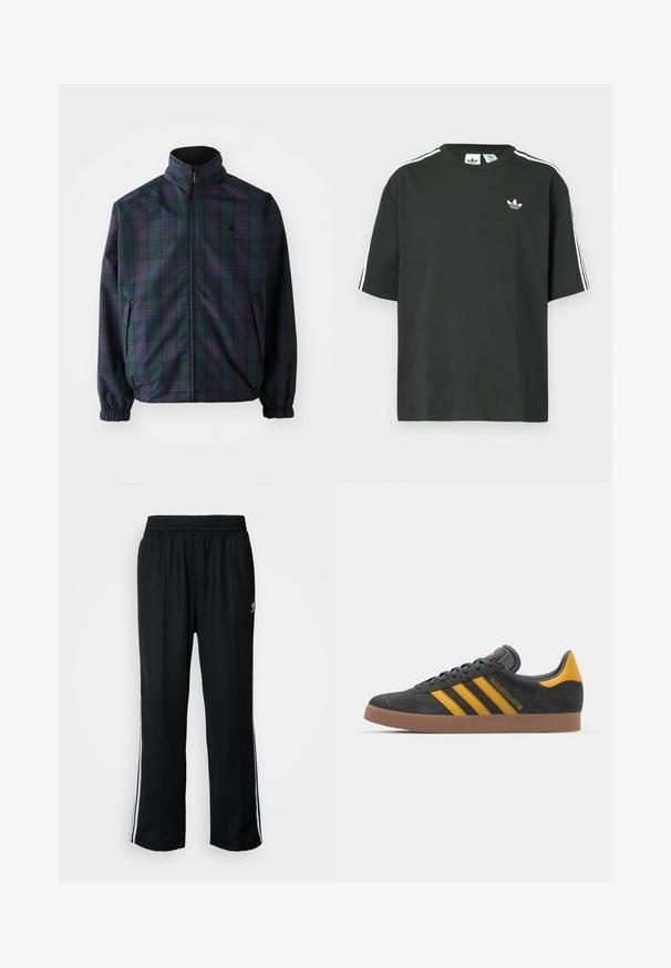 Carhartt WIP REVERSIBLE PLANER JACKET - Übergangsjacke - force blue/black; Schwarzes Baumwoll-T-Shirt mit kurzen Ärmeln, Rundhalsausschnitt und weißen Dreistreifen-Details auf den Schultern. Verfügt über ein kleines weißes Logo auf der Brust.; Schwarze Sporthosen mit elastischem Bund, ausgestattet mit weißen Seitenstreifen und einem kleinen Logo. Das Material wirkt weich und leicht.; Schwarze Wildledersneaker mit gelben Akzenten, ausgestattet mit drei Streifen und einer braunen Gummisohle. Enthält eine gepolsterte Zunge für zusätzlichen Komfort.