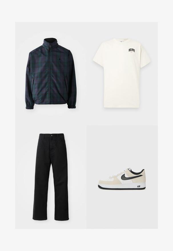 Carhartt WIP REVERSIBLE PLANER JACKET - Jas - force blue/black; Crème-kleurige katoenen T-shirt met korte mouwen, voorzien van "NIKE SB" in zwarte en rode tekst op de borst. Standaard ronde halslijn.; Zwarte denim broek met een rechte pasvorm, voorzien van voorzakken, een rits en een enkele bovenste knoop. Gestructureerde stof met een matte afwerking.; Sneakers met een lichtbeige suède en witte leren bovenkant, zwarte Nike swoosh, zwarte accenten en een witte rubberen zool met "AIR" branding.