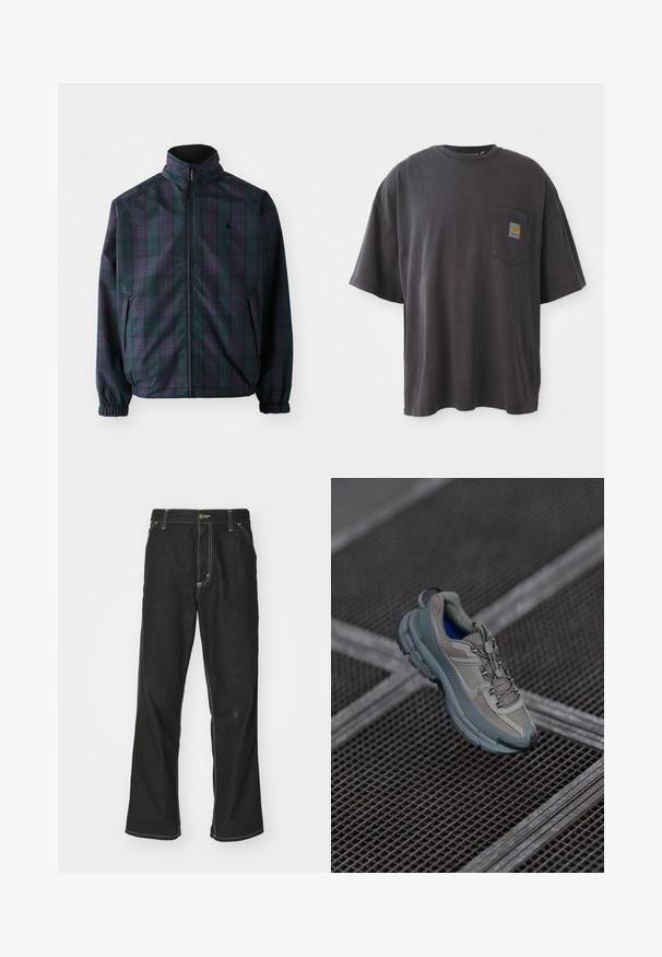 Carhartt WIP - Kurtka przejściowa; Czarna bawełniana koszulka z krótkim rękawem, okrągłym dekoltem i kieszenią na lewej piersi z kwadratową łatką logo. Prosty i nieozdobiony design.; Czarne dżinsy o luźnym kroju, z kontrastującymi białymi szwami, z zapięciem na guzik i prostą nogawką.; Beżowe i szare buty sportowe z teksturowaną siateczką, okrągłym noskiem i gumową podeszwą, z sznurówkami i wyściełanym kołnierzem.