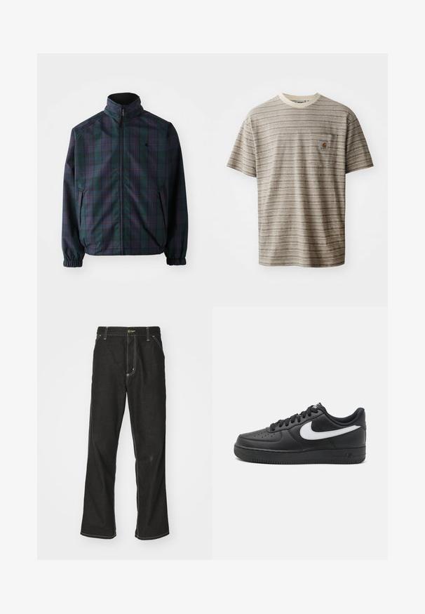 Carhartt WIP REVERSIBLE PLANER JACKET - Casaco leve - force blue/black; T-shirt de manga curta às riscas em bege e castanho, com um decote redondo e um bolso no peito com um emblema. Tecido texturizado.; Calças de ganga pretas de corte largo, com costuras brancas em contraste, fecho de botão e design de perna reta.; Tenis Nike Air Force 1 pretos com parte superior em couro liso, detalhe do logo branco, bico perfurado e sola em borracha texturizada.