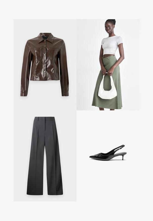 Veste en cuir synthétique marron avec un design structuré, présentant un col, des boutons à l'avant et deux poches poitrine. Texture lisse et brillante.; Chemise blanche à manches longues en coton lisse, dotée d'un col classique et d'un ourlet arrondi. Les boutons sont petits et blancs.; Pantalons à jambes larges en tissu gris foncé, avec une taille haute, des plis simples et une texture lisse avec une finition soignée aux ourlets.; Des escarpins en cuir noir à talon slingback, avec un bout pointu, un petit talon kitten et un détail de nœud décoratif à l'avant. Texture lisse sur toute la surface.; Top court rayé gris et jupe taille haute verte olive. Le mannequin tient un sac à bandoulière blanc avec des découpes. Design simple, silhouette ajustée.