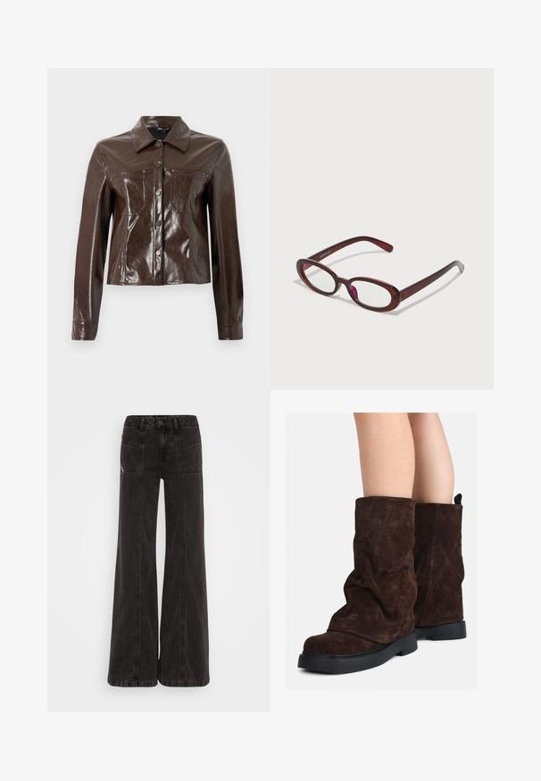 Brown faux leather jacket with a structured design, featuring a collared neck, front buttons, and two chest pockets. Smooth, glossy texture.; Light green long-sleeve shirt with a button-up front, collar, textured fabric, and tie details at the cuffs. Straight hem design.; Black wide-leg jeans made of denim, featuring a high waist, front pockets, and tonal stitching along the seams.; Brown suede mid-calf boots with black rubber soles worn on bare legs, showing slight wrinkling on the boot shafts.; Oval-shaped red sunglasses with clear lenses and sleek brown frames. The design features subtle curves and minimal hardware.