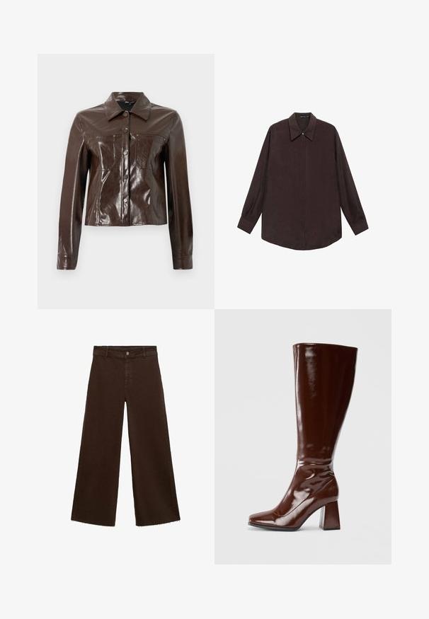 Rjava faux usnjena jakna s strukturiranim dizajnom, ki ima ovratnik, sprednje gumbe in dve prsni žep. Gladka, sijoča tekstura.; Dolgi rokav srajca iz temno rjave tkanine s koničastim ovratnikom, sprednjim zapiranjem na gumbe in ravnim robom. Gladka tekstura in sproščen kroj.; Rjave široke hlače iz mešanice bombaža, z raztrganim robom, sprednjim gumbom in klasičnim dizajnom s petimi žepi. Minimalistične in vsestranske.; Bordeaux visoke škornje iz paten usnja z kvadratnim nosom, sijajno zaključno obdelavo in masivnim peto za stabilnost. Brezšiven dizajn brez vidnega okovja.