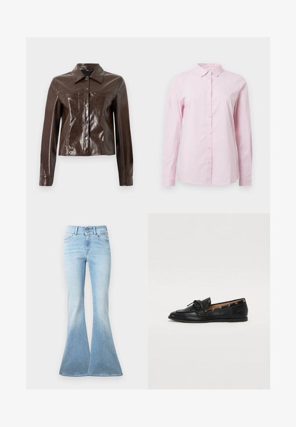 Barna műbőr dzseki strukturált kialakítással, galléros nyakkal, elöl gombokkal és két mellzsebbekkel. Simább, fényes textúrájú.; Rózsaszín csíkos ing gallérral, hosszú ujjakkal és elöl gombos záródással. Könnyű anyagból készült, sima felülettel.; Világoskék, trapéz szabású farmernadrág. Magas derekú, két gombbal rögzített és a szegés felé enyhén fakult. Klasszikus öt zsebes design.; Fekete bőr lófarok cipők, megkötött masnival, arany szemcsés díszítéssel az oldalán és lapos gumitalppal. Simaság, klasszikus dizájn.