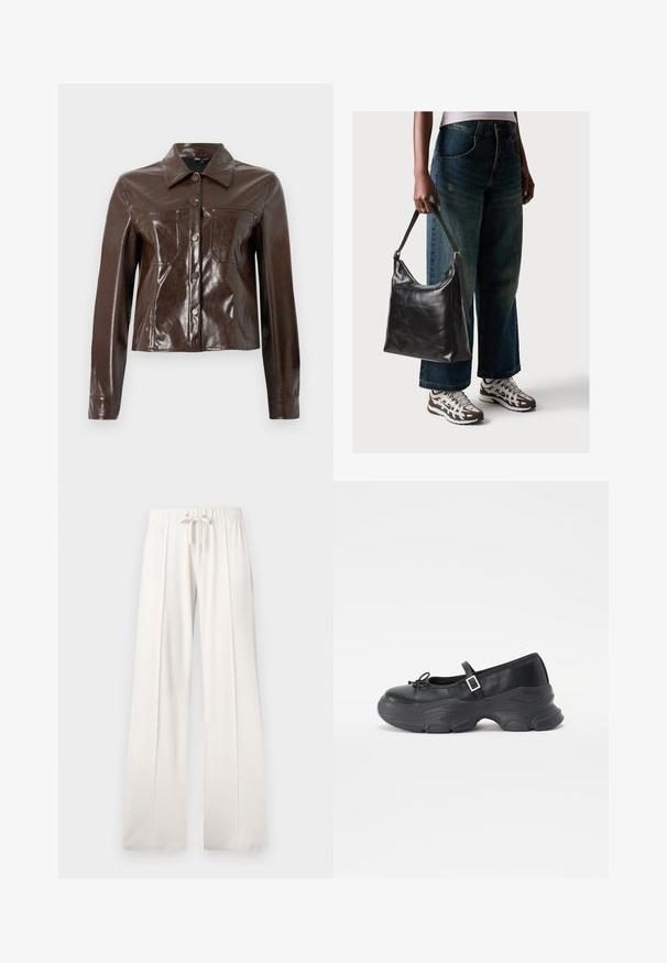 Veste en cuir synthétique marron avec un design structuré, présentant un col, des boutons à l'avant et deux poches poitrine. Texture lisse et brillante.; Ensemble de deux hauts à manches longues en blanc et noir. Texture côtelée, col rond, design ajusté avec des manches légèrement évasées.; Pantalons de jogging beige clair en tissu doux, dotés d'une taille à cordon, de jambes larges et de coutures verticales, avec une texture lisse.; Chaussure Mary Jane en cuir noir avec un bout rond, un détail en nœud et une sangle de cheville ajustable. Elle possède une semelle en caoutchouc épaisse avec des accents arrondis.; Sac à bandoulière en cuir noir avec une texture lisse et une bandoulière réglable, associé à un jean ample décoloré et des baskets de sport.